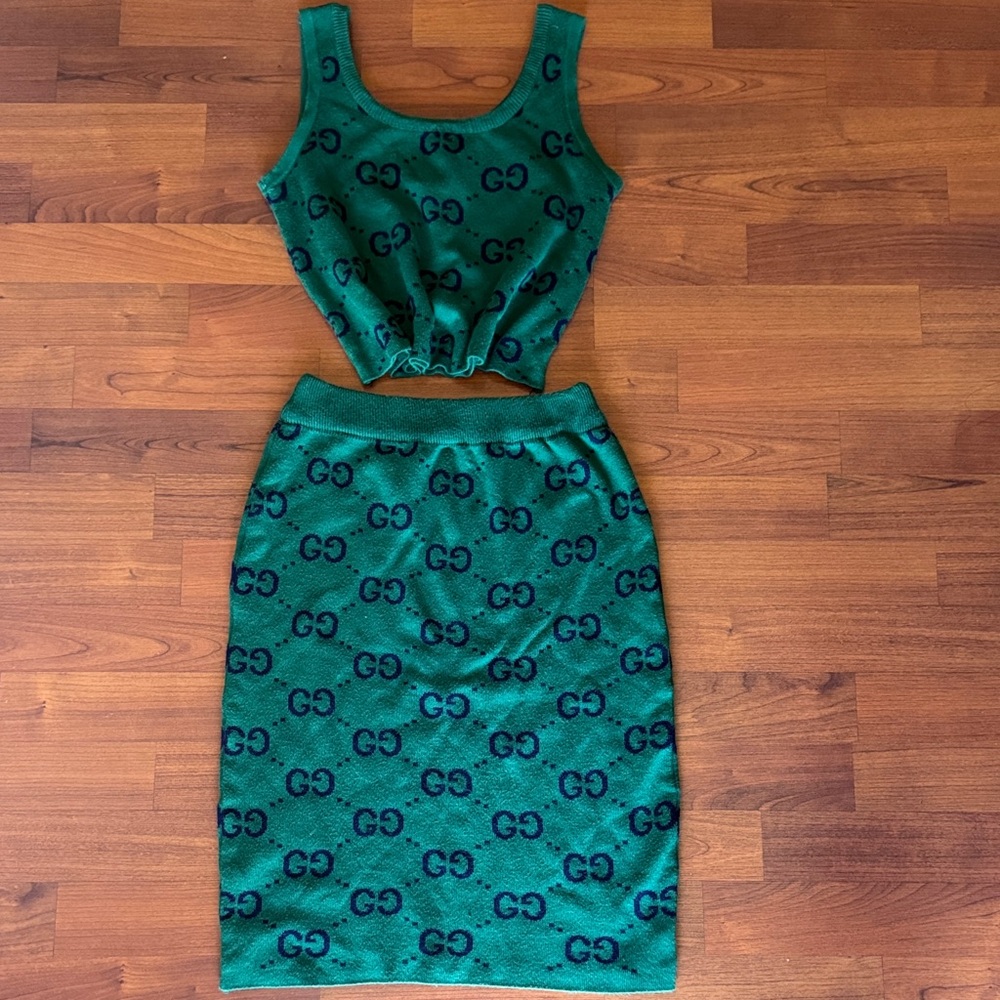 Green and Black Monogram Knit Skirt Set
